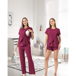 Rnxrbb 3 Piece Postpartum Nursing Pajamas Set Double Layer Maternity Breastfeeding Pjs Sleepwear for Women,Purple Red M