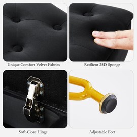 ALeesing Vanity Stool Chair with Storage, Square Velvet Makeup Vanity Chair with Metal Legs & Adjustable Gold Feet, Flip Top Ottoman Foot Rest with Soft Padded Seat for Bedroom Living Room, Black