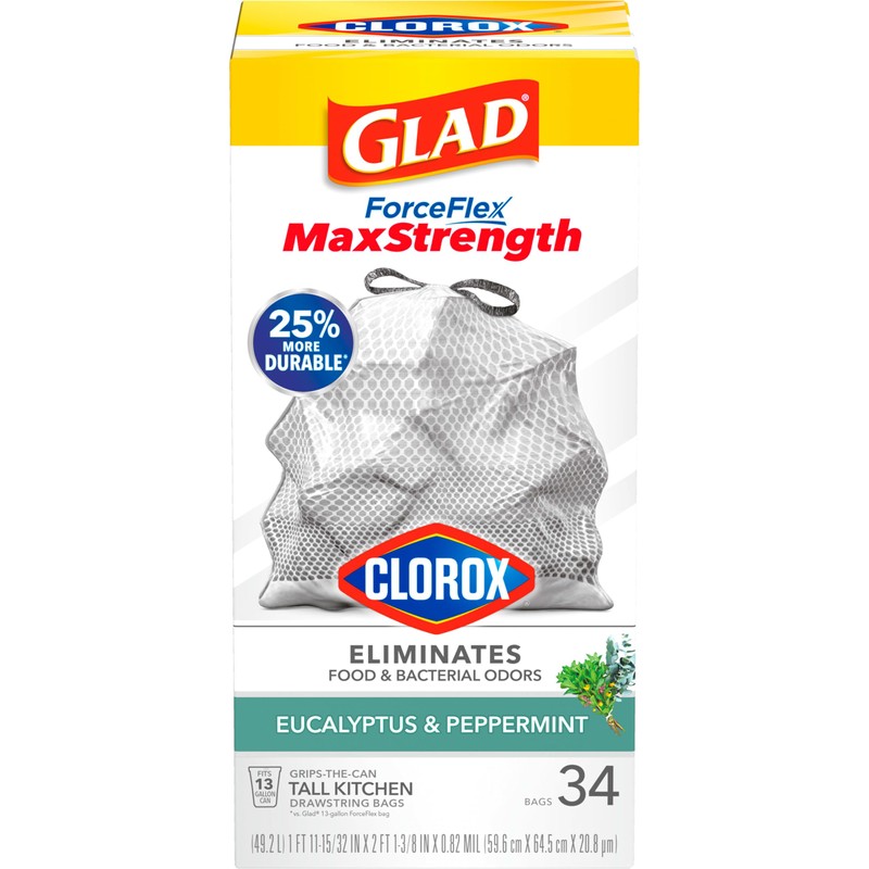 Glad ForceFlex MaxStrength with Clorox Trash Bags, 13 Gal, Eucalyptus,