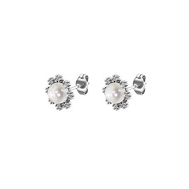 Silver Smile Sterling Silver 5 mm Pearl Floral Style Diamond Accent Stud Earrings | Dainty Real Silver Stud Earrings for Women