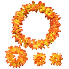 ZCMG Hawaiian Leis Headband Wristbands Hawaii Tropical Luau Flower Women Necklace Headpiece Hair Bands Hairband Bracelets Beach Summer Pool Wedding Cosplay Birthday Dress Up Party Supplies Orange