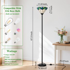 Tiffany Floor Lamp with Tree Leaf Stained Glass Shade, Torchiere Floor Lamp, Tall Corner Pole Lamp with Foot Switch, Vintage Tiffany Style Standing Reading Light for Living Room Bedroom(E26 Base)