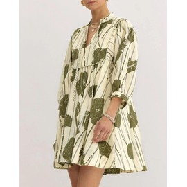 EZAPINE Women Floral Babydoll Mini Dress V Neck 3/4 Puff Sleeves A Line Flowy Swing Summer Sun Dresses Green