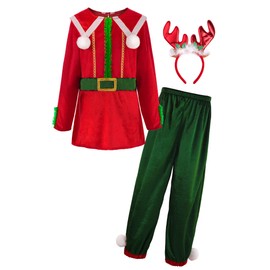 ReliBeauty Christmas Elf Costume Children's Unisex Reindeer Costume Christmas Costume with Deer Antlers Headband Red Green Elf, 130