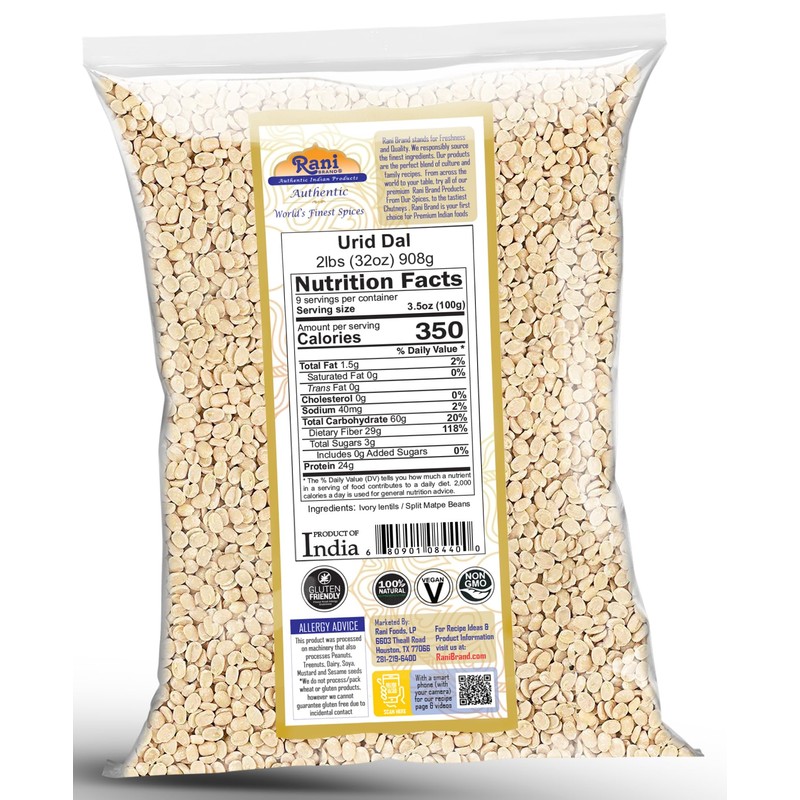 Rani Urid/Urad Dal (Split Matpe Beans Skinless) Indian Lentils 32oz