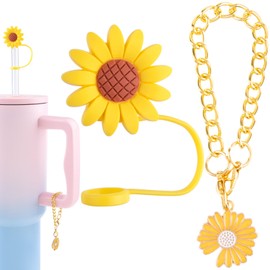 HINZIC 10mm Sunflower Straw Topper and Yellow Daisy Chain Pendant Cute Reusable Silicone Straw Cover Cap Valentines Wedding Bachelor Party Drinking Cup Accessories