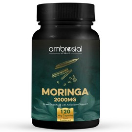 Ambrosial Premium Organic Moringa Capsules 2000MG - High Strength Antioxidant Superfood Supplement for Energy and Wellness - 120 Veg Capsules