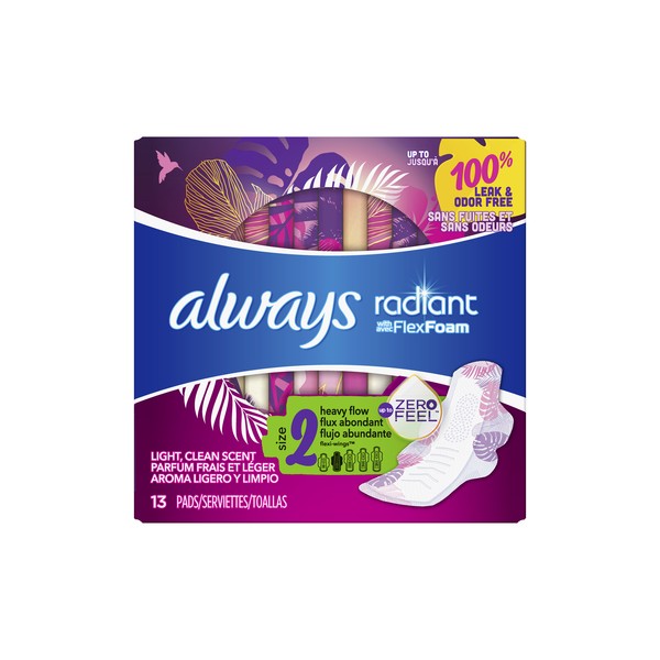 Always Radiant Pads Overnight Absorbency Size 4, Scented
                            13 Count