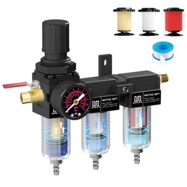 NEWPO 1/4" NPT Air Drying System,Air Filter Pressure Regulator for Spray Guns and Pnuematic Tools, Air Dryer for Compressor, 5＆0.5&0.01 Micron Filter Cartridge,Semi-Auto Drain (Black)