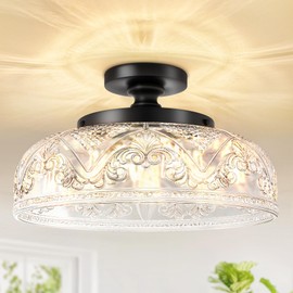 Slypadan Semi Flush Mount Ceiling Light, 12 Inch Large Black Ceiling Light Fixture, 3-Light Globe Glass Industrial Kitchen Lighting Fixtures for Bathroom, Hallway, Dining Room (Bulb Not Included)