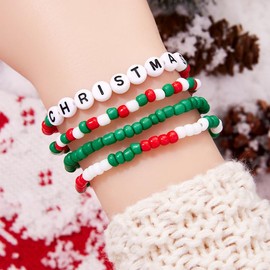 Pingyongchang Christmas Stackable Beaded Holiday Bracelets Set for Women Colorful Elastic Layering Stretch Bohemian Friendship Festive Favors Decor Accessories Birthday Gifts-D