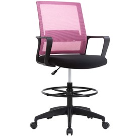 Drafting Chair Tall Office Chair Adjustable Swivel Rolling Mesh Height with Lumbar Support Arms Footrest Mid Back for Adults Standing Desk Drafting Stool (Pink)