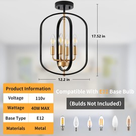 MIAYBPH Black and Gold Flush Mount Ceiling Light, 4-Light Semi Flush Mount Ceiling Lights Kitchen Lighting Fixtures Industrial Modern Farmhouse Chandelier for Dining Room Foyer Hallway Entryway