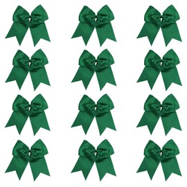 Forest Green - 12 Pcs 7 Inch Jumbo Cheer Bows Ponytail Holder Cheerleading Girls Bow Hair Tie