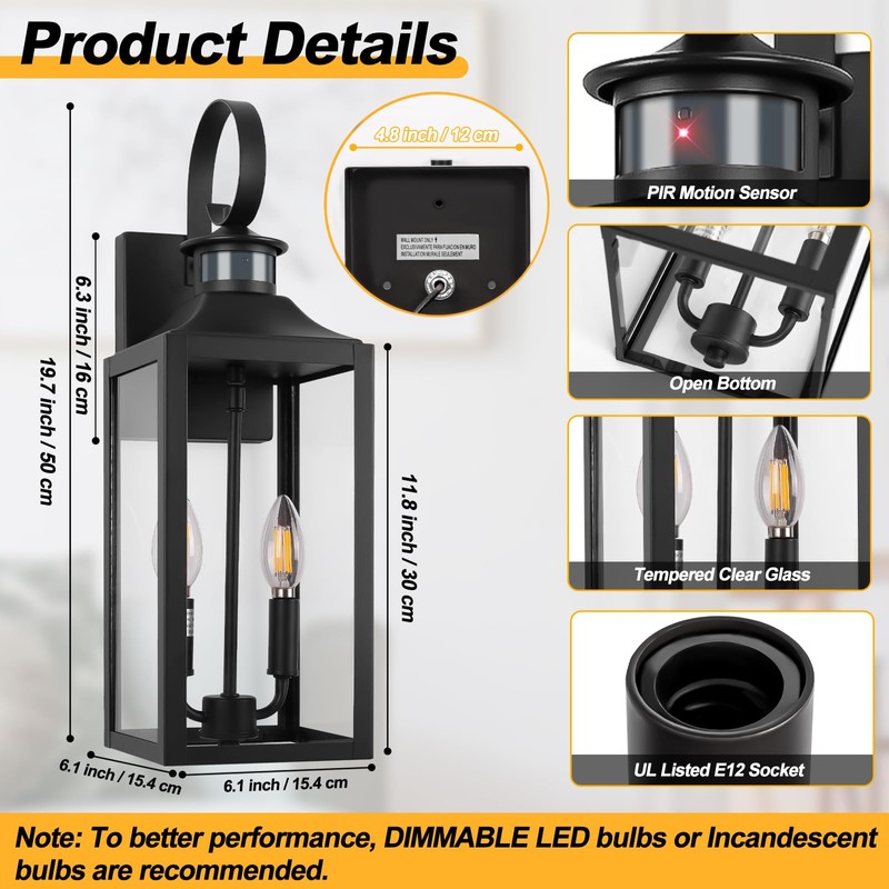 20" Black Motion Sensor Outdoor Light, Large Dusk to Dawn