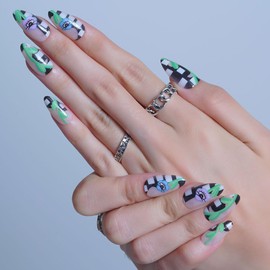 GLAMERMAID Press on Nails Medium Almond, Black and White Plaid Glue on Gel Nails with Flower Eyes, 24Pcs Short Acrylic False Nails Kits Reusable UV Finish Full Cover Stick on Nails for Women Gifts