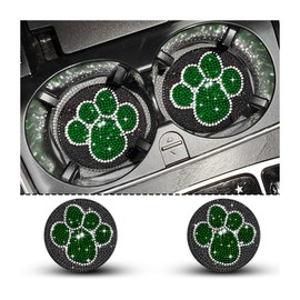 BESULEN 2Pcs Bling Car Cup Holder Coaster, Auto Anti-Slip Shockproof Rhinestone Mat, Crystal Silicone Paw Cup Holder Pad, Universal Vehicle Interior Accessories for Women (Black/Green)