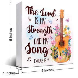 Bible Verse Wood Sign Desk Decor,The Lord is My Strength and My Song Christian Wood Block Signs,Religious Wood Plaque Signs Decor,Scripture Decor for Desk Shelf Tabletop Decoration Home Office