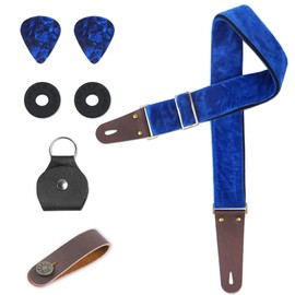QIELIZI Adjustable Guitar Strap Includes 2 Strap Locks & 2 Matching Picks & 1 Picks Holder & 1 leather Strap Button.Leather ends Guitar Shoulder Strap(1-Velvet Blue)