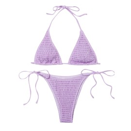 SweatyRocks Traje de baño triangular de 2 piezas para mujer, parte superior halter, tanga lateral con lazo, Morado, S