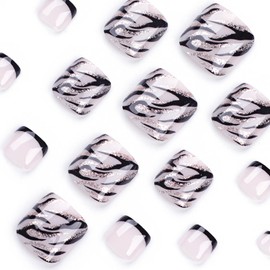 24Pcs Black French Fake Toe Nails Short Square Press on Toenails Full Cover Gold Glitter and Black Flame Pattern Glue on Toe Nails Acrylic Toe Nails Summer False Static Toe Nails for Women Girls