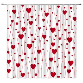 Valentine's Day Shower Curtain,Red Heart Striped Dots Romantic Love Women Bathroom Home Curtain Decor with Hooks,70x70 Inch