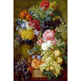 Tile Mural Still Life of Flowers and Fruit by Georgius Jacobus Johannes Van Os Grapes Currant nut Kitchen Bathroom Shower Wall Backsplash Splashback 2x3 4.25" Ceramic, Glossy