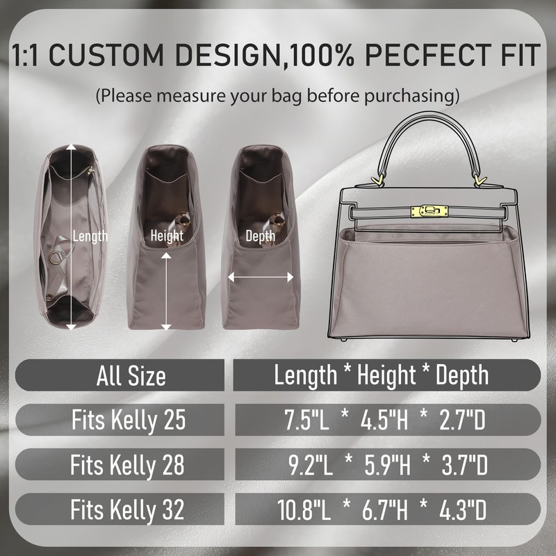 Satin Purse Organizer Insert for Hermes Kelly 25, Etoupe grey