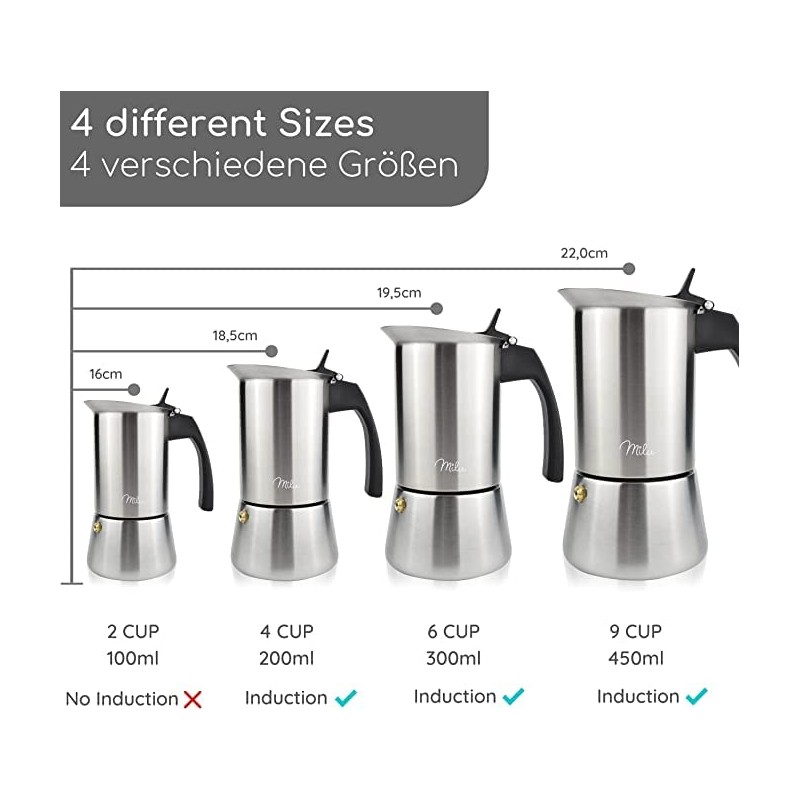 Milu Espresso Maker Suitable for Induction Hobs, 2/4/6 Cups, Stainless
