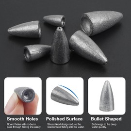 Bullet Fishing Weights Sinkers, 50pcs Worm Weights Slip Sinkers Sliding Fishing Weights for Bass Fishing Pitching and Flipping Texas Rigs Saltwater Freshwater Fishing Tackle (3/8oz-30pcs)