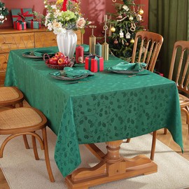 SASTYBALE Christmas Tablecloths for Square Tables, SpillProof Jacquard Holly Berry Leaves Table Cloth, Heavyweight Table Cover for Winter, Holiday, Dinner Decor (Square, 52" x 52", Green)