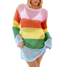 Langwyqu Womens Summer Crochet Swimsuit Coverup Long Sleeve Crewneck Color Block Bathing Suit Swimwear Cover Ups Beach Dress