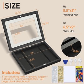 MULCHUM 8.5x11'' Kids Art Frames with Sketch Book Colored Pencils Letter Stickers Black Artwork Frame Changeable Picture Display for Drawings Storage Children Projects Schoolwork 3D Picture Crafts A4