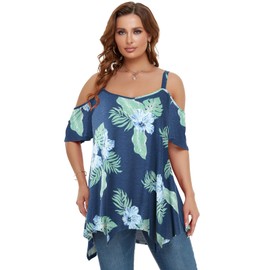 LARACE Cold Shoulder Tops for Womens Summer Clothes Spaghetti Strape Tunic Oversized Shirts Asymmetrical Plus Size Blouse(A-SteelBlue32 3X)