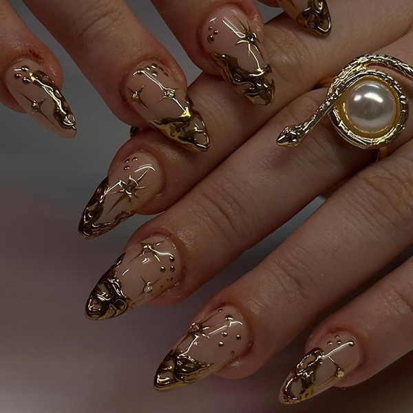 24Pcs French Tip Press on Nails Almond Medium Length, 3D