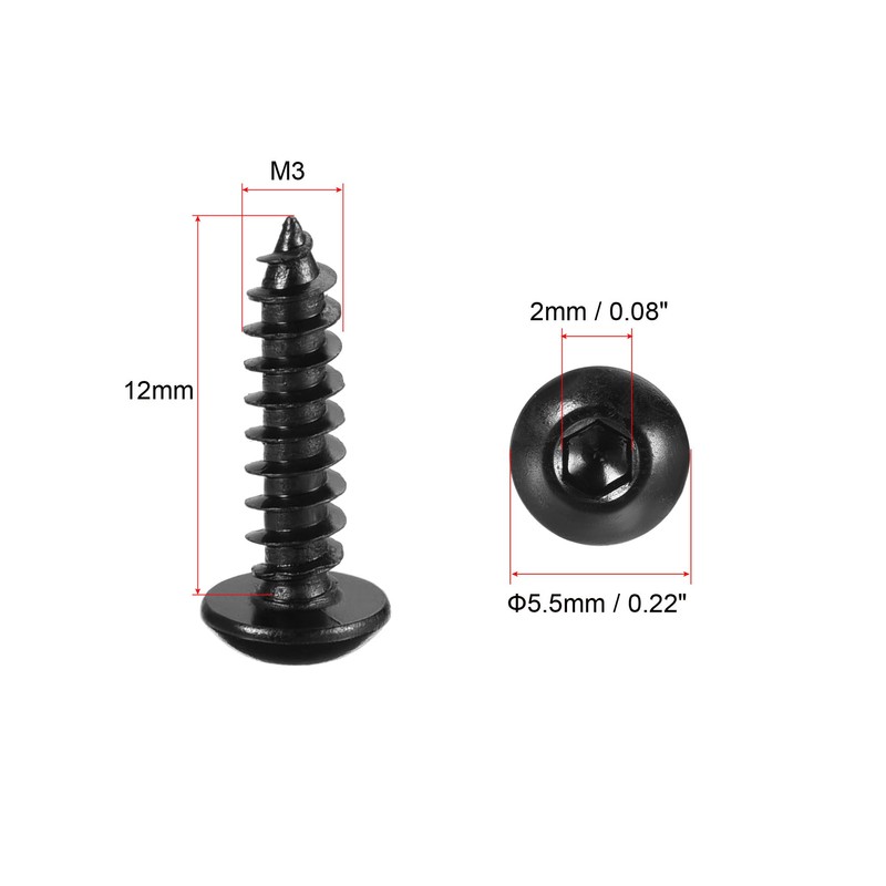sourcing map Hex Socket Self Tapping Screws, M3 x 12mm
