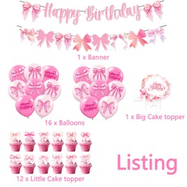 Birthday Decoration Girl, Birthday Party Decoration Pink, Happy Birthday Garland, Balloons with Bow, Cupcake Topper, Birthday Decorations for Girls for Bows Theme Party
