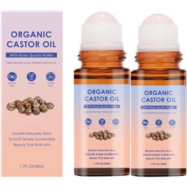 Organic Castor Oil Roll-On with Rose Roller, Castor Oil for Face, Firms Smooths Skin, Reduces Fine Lines, Brightens Eyes, Suitable for Face, Neck, Abdomen 50ml/1.7oz (2PCS)