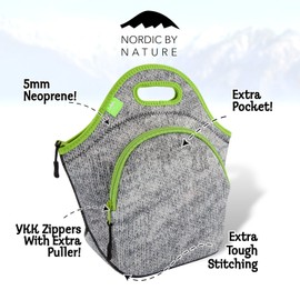 Nordic By Nature Large Neoprene Lunch Bag for Women & Lunch tote for Kids Insulated Lunch bag Reusable Washable Thick Neoprene & Soft Cotton Feel, Premium Stitching, Outside Pocket, (L) Gray Melange