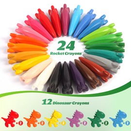 JYPS Crayons for Toddlers, 36 PCS Rockets Non-Toxic Washable Crayons for Kids, with Pen Holder, Dinosaur Drawing Coloring Crayon Set, Art Supplies Toys Gift for Girls/Boys, Back to School