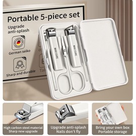 Nail Clipper Set 5Pcs,Portable Nail Scissors Grooming Kit,Ear Spoon & Nail File Kit in Travel Case,Sharp Straight & Curved & Slant Cutting Blades,Stainless Steel Pedicure Manicure Kit