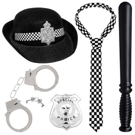 Horolam 5 PCS Police Costume Accessories, Police Hat with Handcuffs Badge Baton Check Tie for Women for Cosplay Dress Up