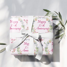 LeZakaa Anniversary Floral Wrapping Paper Roll, Happy 15th Anniversary, Pink Floral Wreath Gift Wrap for Wedding, Bridal Shower, Anniversary, Valentines Day, Party, Mini Roll, 17 inches x 16.4 Feet