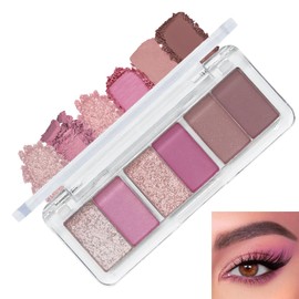 Pink Eyeshadow Palette, Shimmering Eye Shadow Pallets for Women, 6 Color Nude Pink Brown Matte Glitter Eyeshadows, Pigmented Waterproof Long Lasting Make-Up Palettes Gift for Women