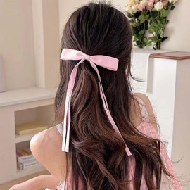 TseanYi Bow Satin Hair Clip Pink Ribbon Bow Hairclips Long Tassel Tail Bow Knot Clips Big Bow Ties Tail Barrette Bridal Satin Ribbon Barrette Winter Ribbon Bow Accessories