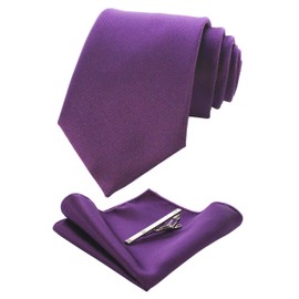 Jemygins Men’s Wedding Ties and Handkerchiefs - Plain Set with Tie Clip - Various Colours - purple, size: m