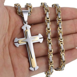 Trendsmax Mens Cross Pendant Necklace Stainless Steel Gold Silver Byzantine Chain 26inch