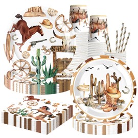 Cowboy Party Supplies, Complete Pack Western Party Tableware Set Including Western Cowboy Party Plates Cups Napkins Straws Serves 10 for Western Cowboy Party Decorations