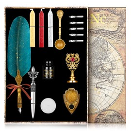 NC Feather Calligraphy Pen Ink Set,Quill Pen Set Includes Feather Dip Pen,Ink,5Replacement Nibs,3Wax Seal Sticks,Pen Holder,Seal Stamp, White Wax,Spoon,Envelope Letter Paper, Envelope Tool(Dark Green)
