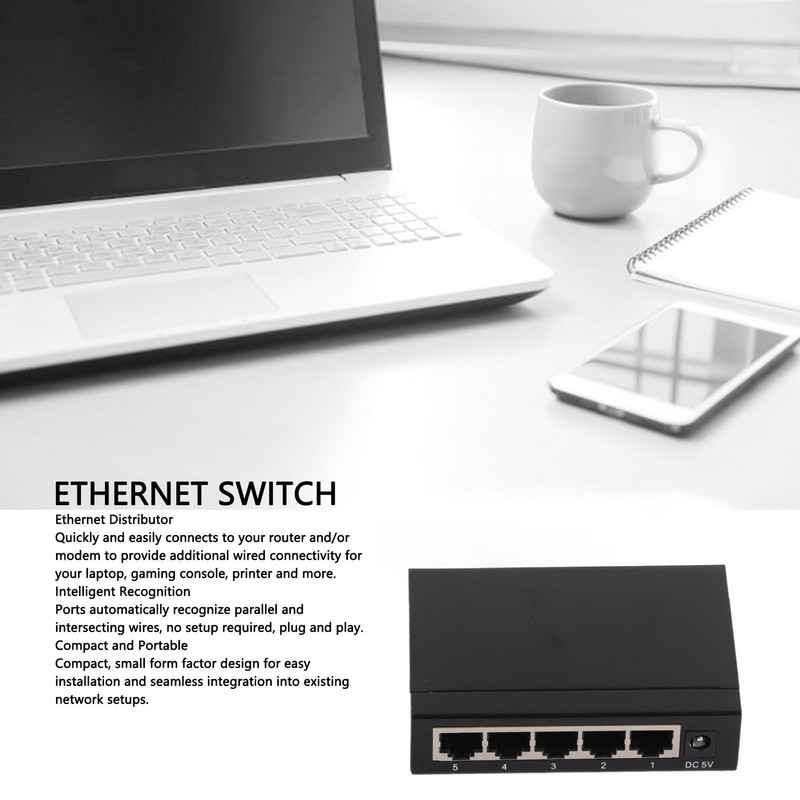 5 Port 10/100Mbps Ethernet Switch Plug and Play Unmanaged Home